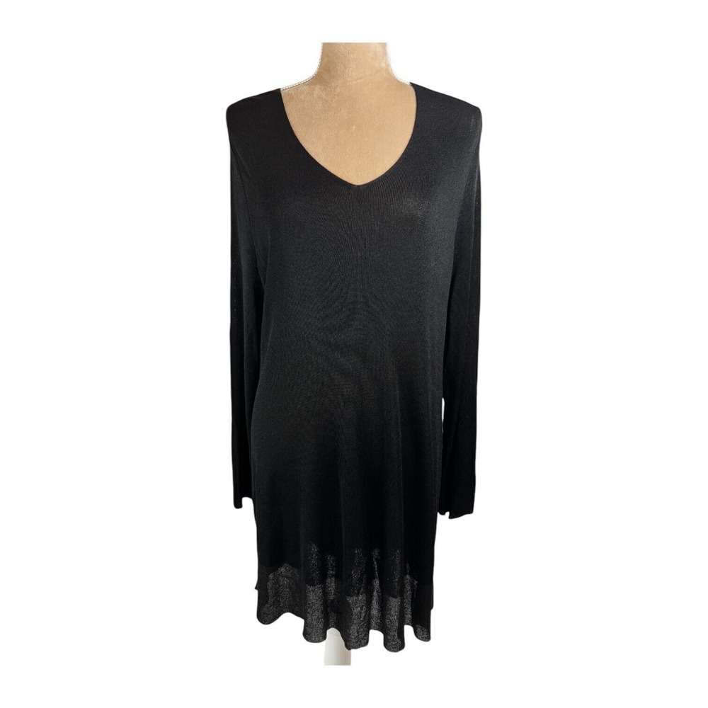 Eileen Fisher Womens Sz XL Tunic Mini Dress Black Metallic V Neck Semi‎ Sheer